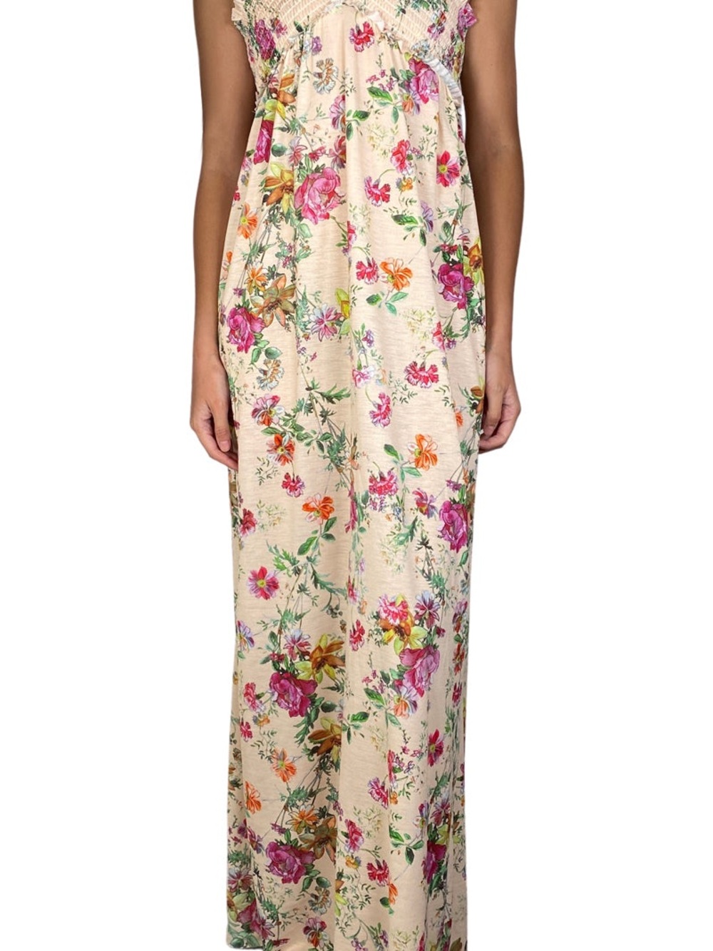 Zara Cream Knit Floral Dress with Pastel Green & Pink Accents